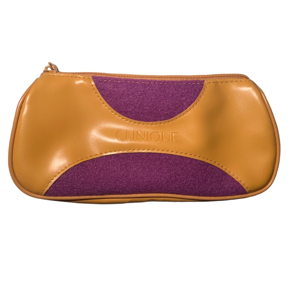 NEW! VTG Retro Clinique Tan Orange PVC Purple Felt Cosmetic Makeup Bag Travel